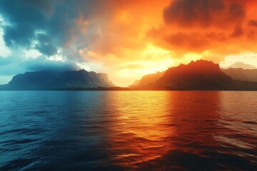 Poster - Majestic sunset over mountains reflected in calm water creating a breathtaking view of nature's beauty in the evening sky