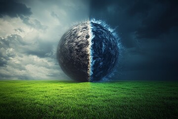 Poster - Half of a planet emerges from a vibrant green field under contrasting stormy and calm skies