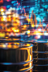 Poster - Close-up of oil barrels reflecting digital stock market charts with bright financial data and glowing bokeh lights, symbolizing finance, energy, and trading trends in the economy.