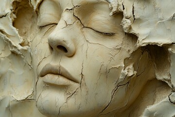 Poster - Intricate sculpture of a woman's face showing cracks and texture captured in detailed composition