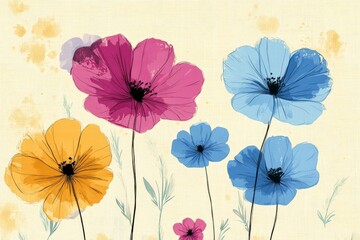 Aufkleber - Colorful hand-drawn flowers on a textured background create a vibrant artistic display of nature's beauty