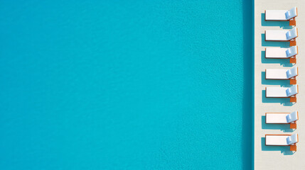 Poster - An elegant overhead angle showcasing multiple lounge chairs lined up along the poolâ€™s edge, each topped with a perfectly rolled white towel,