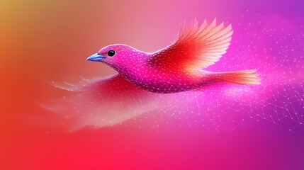 Poster - Abstract polygonal pink bird in flight with digital lines and colorful gradient background