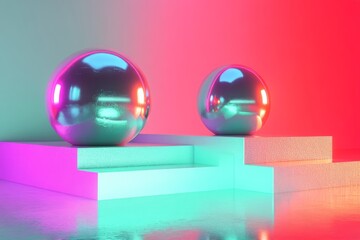 Poster - Stunning abstract composition with reflective spheres in vibrant neon lighting during a contemporary art display