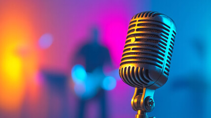 Poster - A refined close-up focusing on a retro microphoneâ€™s metallic grille, the band playing lively music behind under splashes of rainbow lighting,