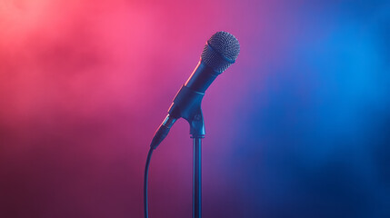 Aufkleber - A vertical layout capturing the mic stand from base to top, overshadowed by vibrant red and blue lights flickering on the performing band,