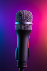Aufkleber - A dynamic composition capturing the top of the microphoneâ€™s mesh grill in crisp detail, with swirling pastel lighting enveloping the background performers,