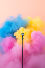 Aufkleber - A refined horizontal framing featuring the mic stand in crisp focus, the group behind immersed in swirling pink, yellow, and blue stage fog,