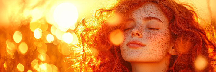Aufkleber - An elegant side-angle photograph capturing the womanâ€™s freckled profile, golden sunlight gently reflecting off her hair during a serene outdoor summer moment,