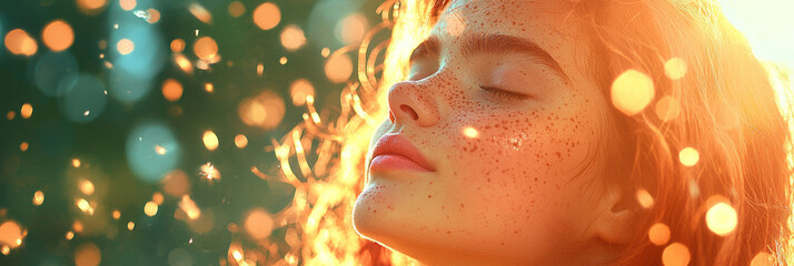 Poster - An elegant side-angle photograph capturing the womanâ€™s freckled profile, golden sunlight gently reflecting off her hair during a serene outdoor summer moment,