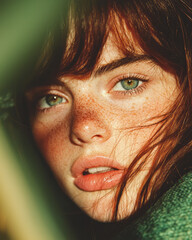 Fototapete - A refined macro look emphasizing the subtle freckles on her cheeks and nose, set against a softly blurred summer field flooded with sunlight,
