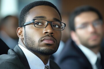 Poster - Focused man listens intently during an important business presentation in a modern conference room
