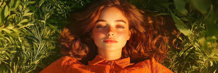 Poster - A dreamy overhead perspective where the woman with freckles reclines on lush grass, her face gently lit by late-afternoon sun rays,