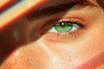 Poster - A cinematic close-up showcasing the subtle freckles across her cheeks, with the sunâ€™s glow forming gentle highlights and reflections around her face,