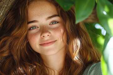 Poster - A soothing horizontal image capturing her gentle smile and freckled complexion, sunlight dancing on her hair in a summer park setting,