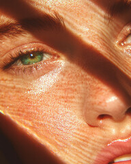Poster - A high-resolution macro of her face, concentrating on freckles along the bridge of her nose, warm summer rays forming a subtle halo effect,