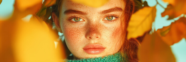 Poster - A minimal shot featuring her calm expression and scattered freckles in golden hour lighting, with lush summer foliage fading in the background,