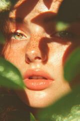 Poster - A candid style photograph of her freckles and bright eyes in a sunlit clearing, soft bokeh and airy color palette rounding out the summer vibe,