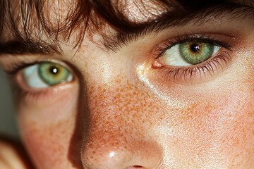 Poster - A refined close-up capturing the subtle texture of her skin and freckles while glowing sunlight gently illuminates her face from the side,