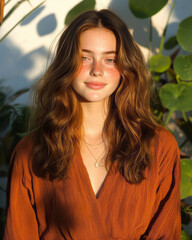 Poster - A relaxed shot of a freckled woman smiling in warm evening light, the background forming a sunlit mosaic of garden greenery behind her,
