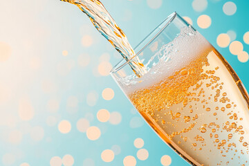 Poster - An elegant overhead view focusing on the effervescent stream entering a transparent glass, set against a softly blurred, celebratory backdrop,