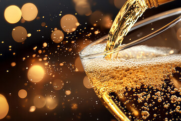 Poster - A cinematic close-up capturing golden bubbles rising in a glass as a fizzy drink pours in, against a warm bokeh background evoking celebration,