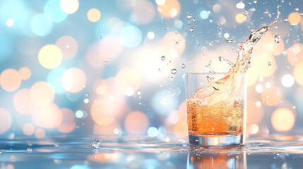 Poster - A dynamic freeze-frame showing bubbles splashing as a fizzy drink flows into a glass, glimmering bokeh lending a party atmosphere in the background,