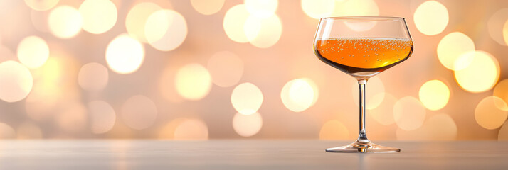 Leinwandbilder - A minimalist shot featuring the drinkâ€™s golden hue and effervescence, framed by gentle, out-of-focus lights suggesting a joyous occasion,