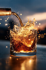 Poster - A creative composition where the drink pours from the top left, capturing the swirling golden liquid and subtle bokeh sparkles behind,