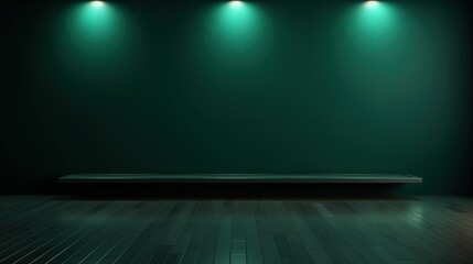 Poster - Empty Dark Green Wall Background with Three Light Fixtures and Wooden Floor in a 3D Render Environment Ideal for Presentations and Visual Projects
