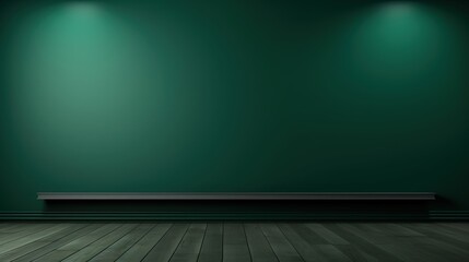 Poster - 3D Render of an Empty Dark Green Wall Background with Subtle Lighting and Wooden Floor Suitable for Various Design Purposes and Creative Projects