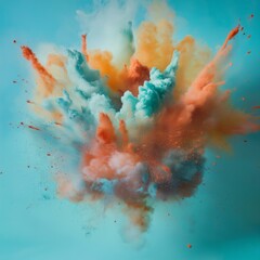 Dynamic explosion of vibrant colors in mid-air on a turquoise background