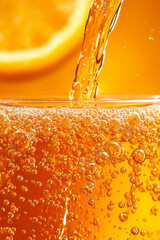 Poster - A dynamic close-up capturing vibrant orange soda being poured into a glass, with lively bubbles reflecting a celebratory backdrop,