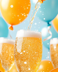 Poster - A refined vertical composition featuring multiple glasses receiving a steady pour of orange soda, with balloons and ribbons in soft focus behind,