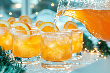 Poster - A lively photograph of a pitcher pouring orange soda into several glasses, accentuated by bold, festive table dÃ©cor behind the pour,