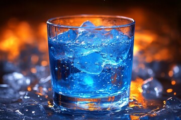 Poster - Refreshing blue drink with ice on a sparkling surface during evening glow