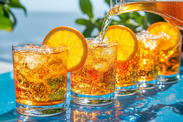 Poster - A lively photograph of a pitcher pouring orange soda into several glasses, accentuated by bold, festive table dÃ©cor behind the pour,