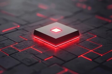 Poster - Red Glowing Square on Dark Futuristic Background Representing Cybersecurity Alert