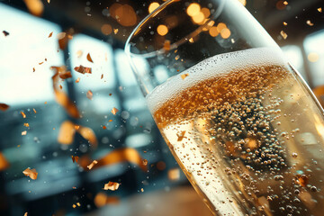 Poster - A unique macro perspective capturing carbonation bubbles on the glass interior, party streamers softly blurred in the far background,