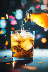 Poster - An energetic freeze-frame of a bottleâ€™s top streaming orange soda into a glass, confetti gently drifting across a bokeh party scene,