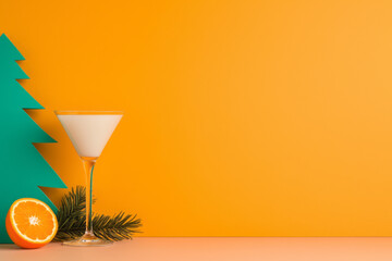 Poster - A bold advertisement-style layout with a single glass in crisp focus, oranges and celebratory props forming a colorful environment,