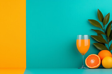 Poster - A bold advertisement-style layout with a single glass in crisp focus, oranges and celebratory props forming a colorful environment,
