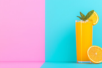 Poster - A vibrant photograph showing the beverageâ€™s bright orange color and fizz under playful, colorful neon lights, perfect for a festive drink ad,
