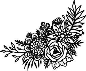 Hand drawing floral line art illustration featuring detailed rose,foliage,leaves, and botanical elements. For coloring pages, tattoo designs, laser cutting, and decorative clipart.