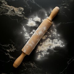 A wooden rolling pin with a dusting of flour.