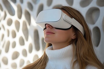 Aufkleber - Young woman experiences virtual reality technology in a modern setting during daytime