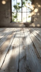 Wall Mural - Rustic Wooden Floor Texture Illuminated with Soft, Natural Light and a Dreamy Bokeh Effect