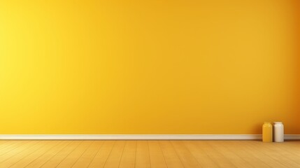 Poster - Vibrant Empty Yellow Wall Background with Wooden Floor Perfect for Displaying 3D Graphics, Product Mockups, and Creative Projects in a Dark Atmosphere