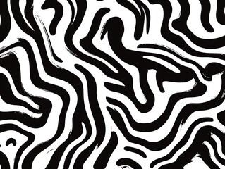 Leinwandbilder - black and Wavy and swirled brush strokes vector seamless pattern. Bold curved lines and squiggles ornament. Seamless horizontal banner with doodle bold lines. Black and white wave abstract background 