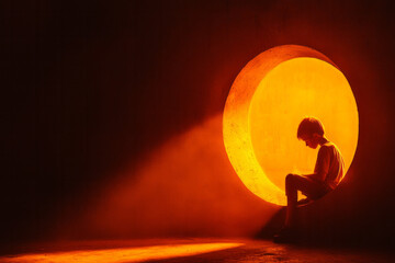 Poster - A creative shot highlighting the stark contrast between pitch-black tunnel walls and a warm, golden light source drawing the boyâ€™s attention,